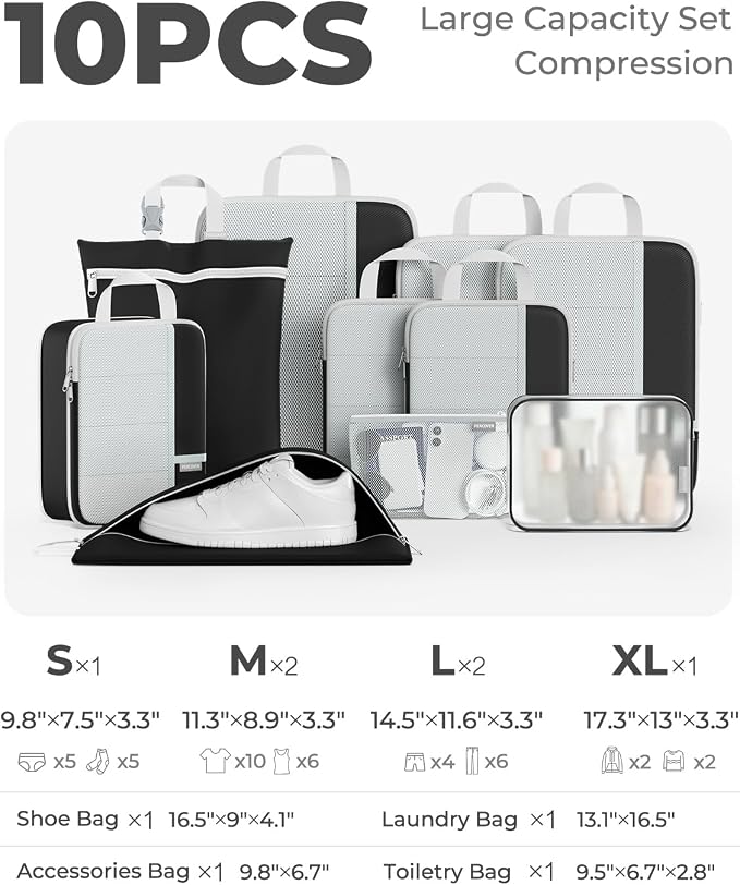 Percover Compression Packing Cubes for Travel, 10-Piece Structured Compression Organizer Set with Toiletry Bag, Laundry Bag & Shoe Bag for Carry-On & Checked Luggage, Black - Image 2