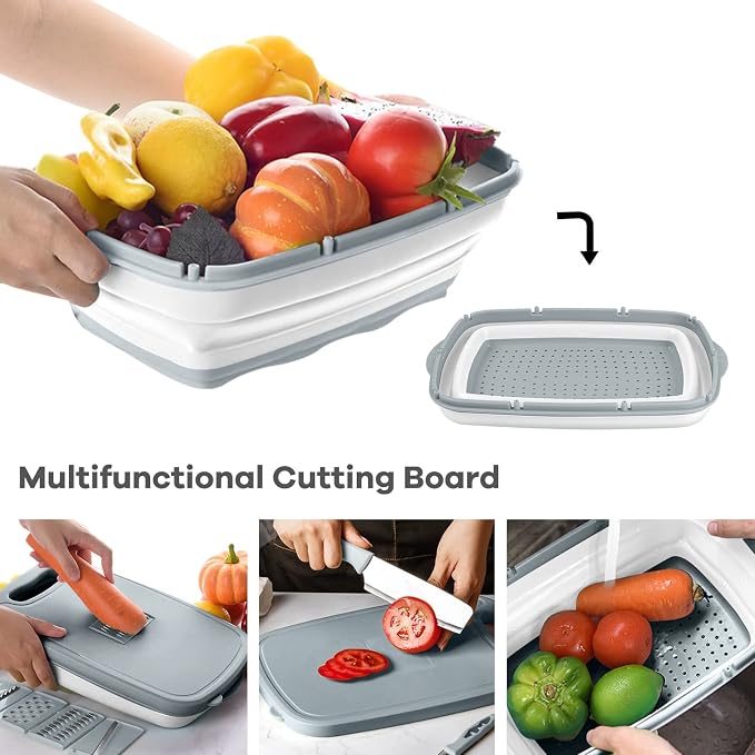 Gintan Camping Cutting Board, 9-in-1 Collapsible Chopping Board with Colander, Outdoor-Kitchen Vegetable Washing Basket for Campers, Camping Gifts Camping Accessories for RV Campers (Gray) - Image 7