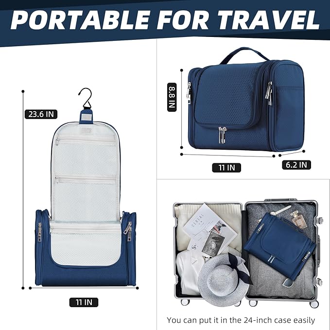 Buruis Hanging Toiletry Bag, Travel Toiletry Bag for Women and Men, Blue | Honeycomb Nylon Design, Large Capacity, Dual Zippers, Sturdy Hanging Hook, Full-Size Toiletry Storage, Cosmetic Essentials - Image 2