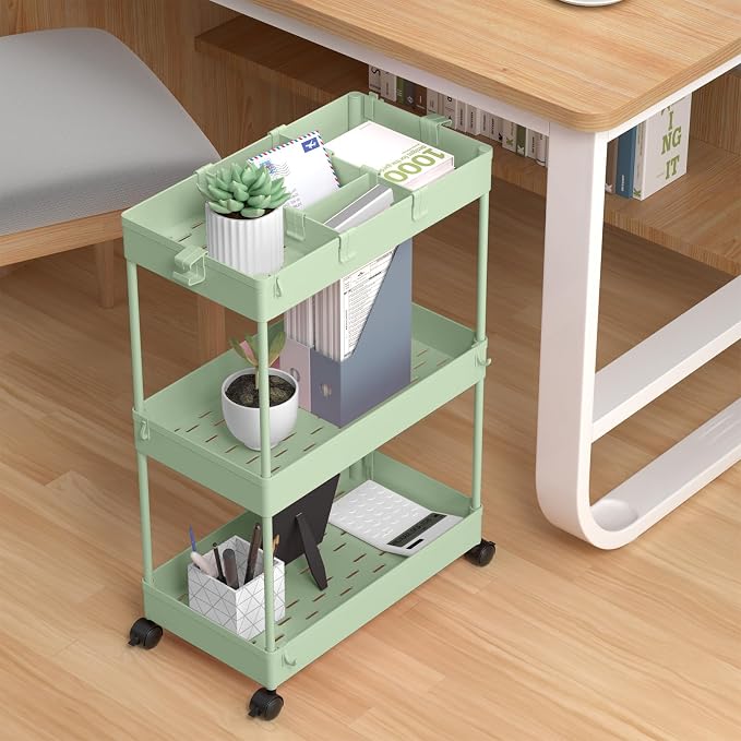 3 Tier Rolling Cart with Wheels, Storage Craft Art Trolley Organizer Serving, 3 Hanging Baskets Easy Assembly, for Office, Living Room, Kitchen, Green - Image 5