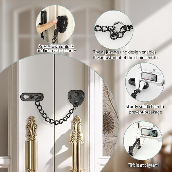 Alise Door Chain Lock, Matte Black Adjustable Child Proof Security Door Lock for Apartment | Stainless Steel Chain Door Lock,Heart-Shaped Design Press-To-Unlock Heavy Duty Chain Lock For Barn Bedroom & Travel - Image 3