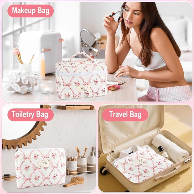 URSKYTOUS 3Pcs Makeup Bag Quilted Cosmetic Bag Set Bow Travel Large Makeup Pouch for Women Cute Portable Cotton Toiletry Bag Skincare Organizer Coquette Vintage Travel Essential - Image 4