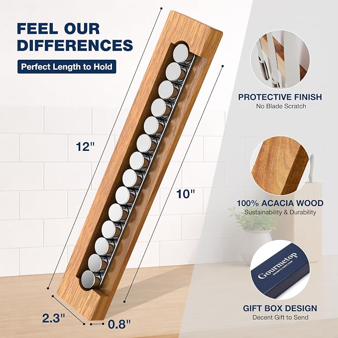 Magnetic Knife Holder for Wall 12”, Acacia Wood, No Drill, Fridge | Strong Dual-Row Magnet Holds 6 Knives & Heavy Cleavers, 3M Adhesive Tape & Screw Mount, Kitchen Knife & Utensil Organizer - Image 4