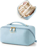 BAGSMART Makeup Bag Travel Cosmetic Bag,Women Toiletry Case, Sky Blue | Make Up Bag Flat Open Toiletry Bag for Women, PU Leather Travel Essentials Wide-open Skincare,Brushes Organizer Case Large by BAGSMART