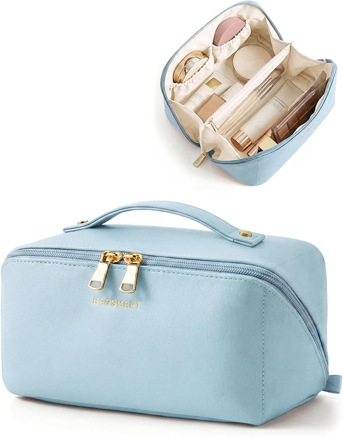 BAGSMART Makeup Bag Travel Cosmetic Bag,Women Toiletry Case, Sky Blue | Make Up Bag Flat Open Toiletry Bag for Women, PU Leather Travel Essentials Wide-open Skincare,Brushes Organizer Case Large by BAGSMART