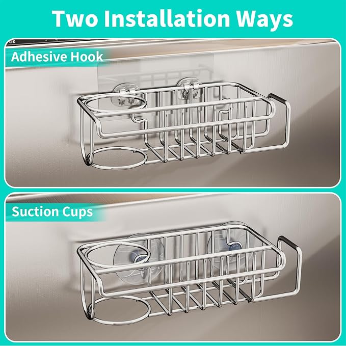 HapiRm 4 in 1 Sink Caddy Sponge Holder, SUS304 Stainless Steel Kitchen Brush Holder and Dish Cloth Hanger, Kitchen Organizers and Storage Essentials - Silver - Image 3