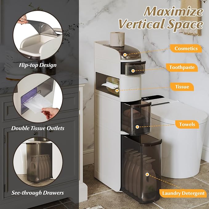 GIANTEX 5-Tiers Narrow Bathroom Storage Cabinet (17'' x 7''x 38.5'') | Slim Rolling Toilet Paper Organizer w/ Drawers, Tissue Box, Movable Plastic Storage Cart for Laundry Living Room Kitchen - Image 4