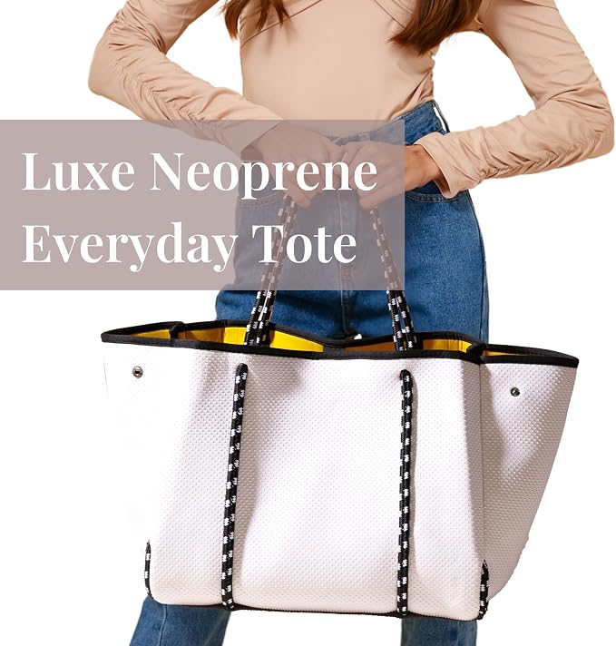 POPUPS Large Neoprene Tote Bag for Women - Everyday Designer Handbag for Travel Work and Beach with Pockets and Zipper Pouch - Image 2