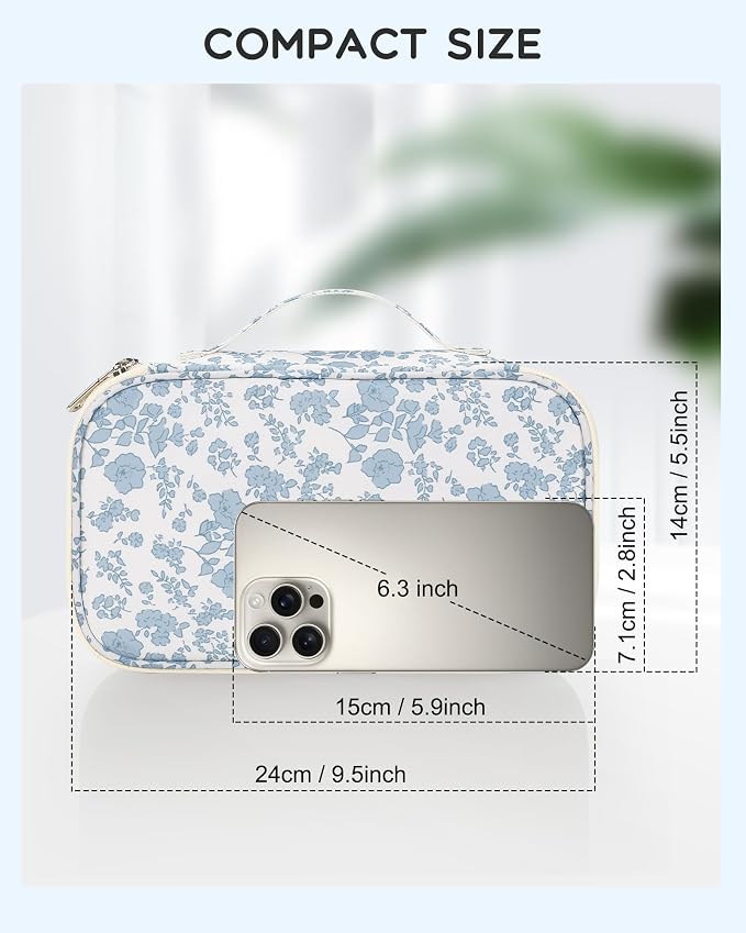 Relavel Travel Makeup Bag, Small Floral Cosmetic Bag with Makeup Brush Compartment, Portable Makeup Pouch for Women, Double Layer Makeup Organizer Bag Cute Toiletry Bag - Image 2