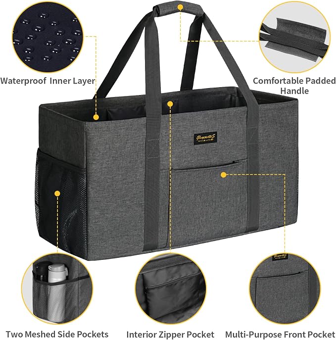 GhvyenntteS Extra Large Utility Tote Bag, Stand Up Utility Tote with Metal Wire Frame & Hard Bottom Board, Reusable Grocery Bags With Handles, Extra Large Beach Bag, Collapsible Car Tote | 22.5"×10.5"×12" - Image 5