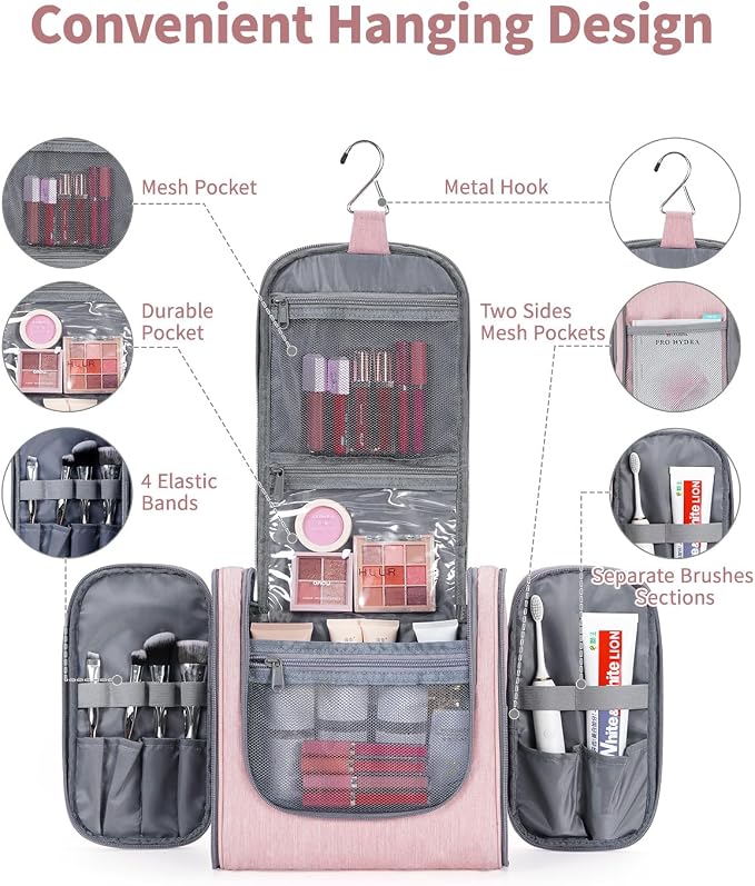 Narwey Hanging Toiletry Bag for Women Travel Makeup Bag Organizer Toiletries Bag for Cosmetics Essentials Accessories(Large, Pink) - Image 2