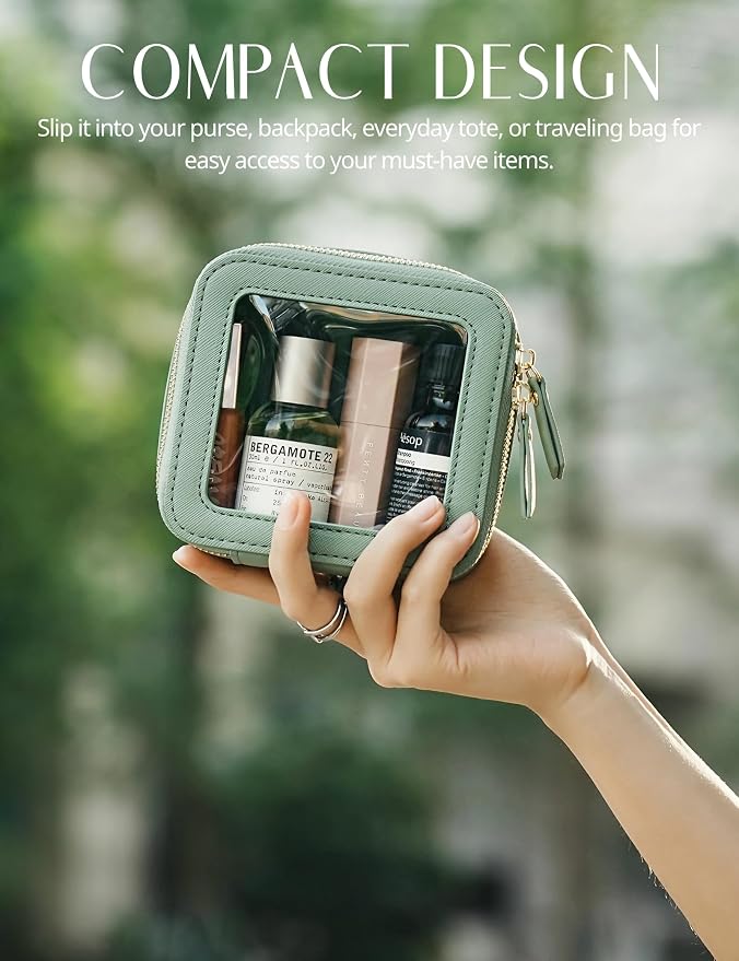 Clear Makeup Bag with Zipper, Set of 2, Mini and Medium, Sage Green | Clear Travel Bags for Toiletries, Structured Cosmetic Case for Women, Waterproof PU Leather, Wide Open Portable Car Organier - Image 7