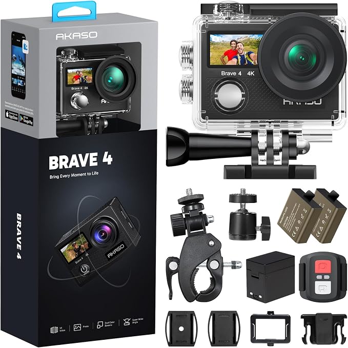 AKASO Brave 4 Action Camera 4K30 Ultra Hd Waterproof Underwater Camera | 20MP EIS WiFi Remote Control 170° FOV 5X Zoom Sport Camera for Snorkel Travel with Bicycle Helmet Motorcycle Accessories Kit by AKASO