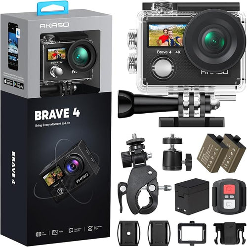 AKASO Brave 4 Action Camera 4K30 Ultra Hd Waterproof Underwater Camera | 20MP EIS WiFi Remote Control 170° FOV 5X Zoom Sport Camera for Snorkel Travel with Bicycle Helmet Motorcycle Accessories Kit by AKASO