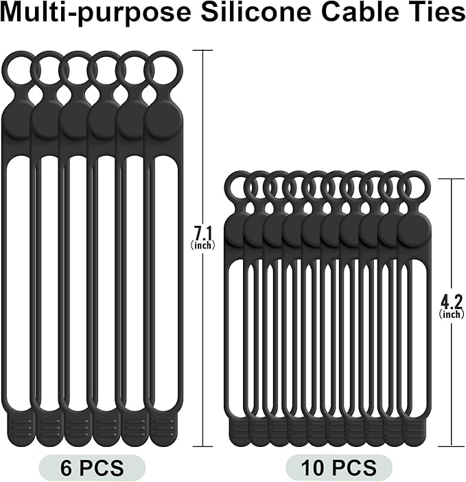 Silicone Cable Ties, Cord Organizer Cable Management,2Sizes-Black | Reusable Cord Ties for Electronics, Office Desk Accessories, Home Travel Essentials, Easy to Use, 4.2 Inch & 7.1 Inch-16Pcs - Image 6