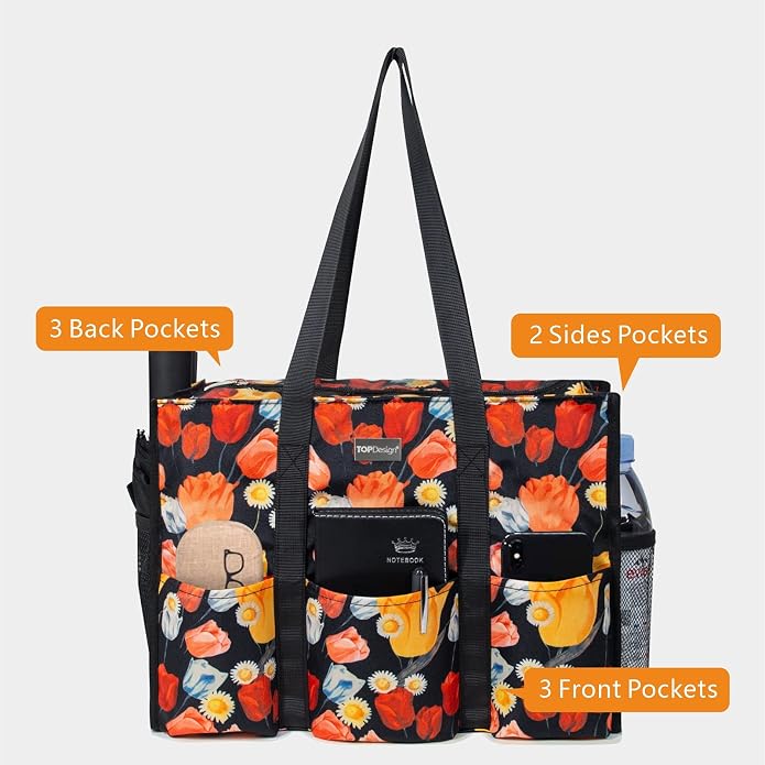 TOPDesign Utility Water Resistant Tote Bag with 13 Pockets, Top Zipper Closure & Thick Bottom Support, for Working Women - Image 3