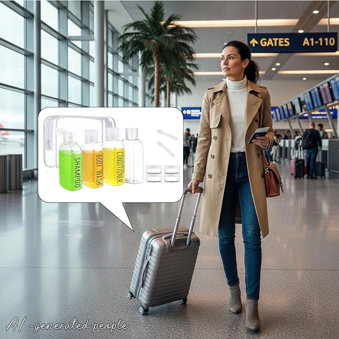 8 Pack 3.4oz Pre-print TSA Approved Travel Bottles for Toiletries | Clear Travel Size Containers, Leak Proof, Plastic 0.35oz Small Cream Jars, for Shampoo, Conditioner, Lotion - Image 5