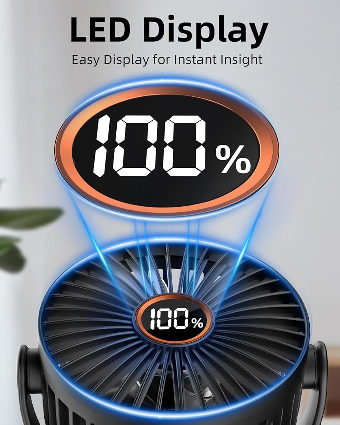 buywoo Portable Mini Personal Fan, Small Rechargeable Battery Powered Stroller Fan for Desk, Strong Clamp Grip, 360° Rotation, 3-Speed, LED Display, Clip On Cooler for Bed, Golf Cart, Office, Black - Image 3