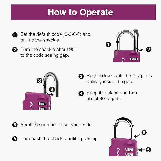 Puroma 1 Pack Combination Lock Locker 4 Digits Combo Padlock Gym Red-Violet | For School Gate Fence Toolbox Hasp Storage, Outdoor, Resettable, Weatherproof, Side Window, Crack Cut Resist, Hardened Steel - Image 6
