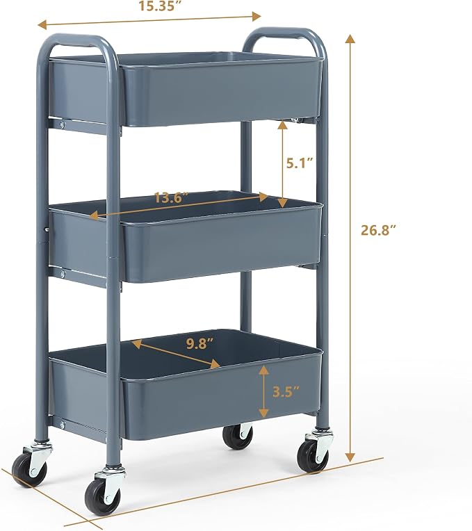 SunnyPoint 3-Tier Delicate Compact Rolling Metal Storage Organizer - Mobile Utility Cart Kitchen/Under Desk Cart with Caster Wheels - Blue (15.35" X 10.24" X 26.8"H) - Image 6