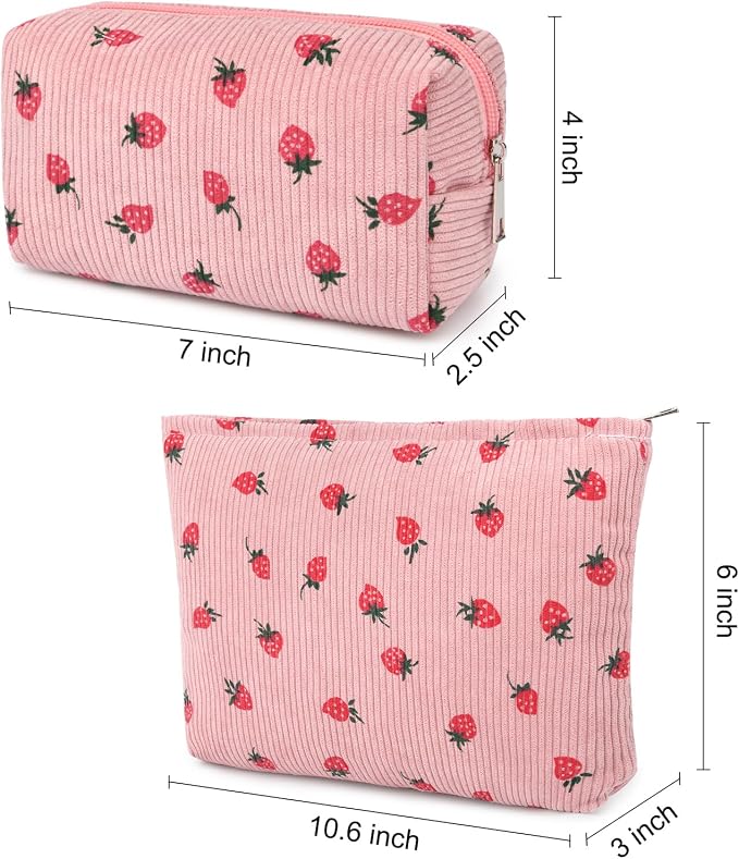 SOIDRAM 2 Pcs Makeup Bag Large Cosmetic Bag Toiletry Bag Makeup Pouch Travel Bag Organizer Cute Makeup Brushes Aesthetic Accessories Storage Bag for Women Pink Strawberry - Image 3