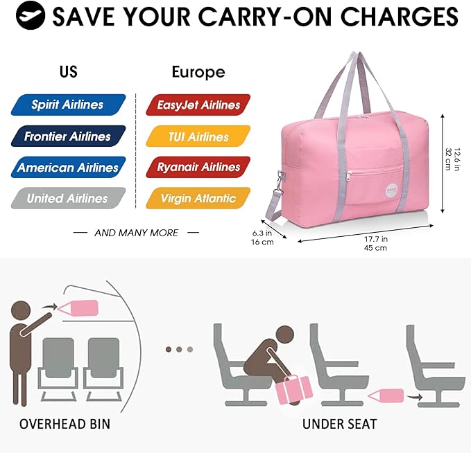 WANDF Foldable Travel Duffel Bag Luggage Sports Gym Water Resistant Nylon (D-Coral Pink with Strap) | 18x14x8 inches, Airline Underseat Aprroved, Weekend Overnight Trips, Lightweight Packable - Image 2
