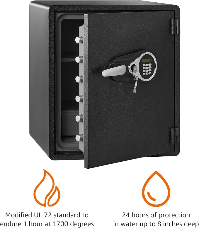Amazon Basics Fireproof and Waterproof Safe Box with Digital Keypad Electronic Lock, Fire Resistant, Interior Lighting, Removable Shelf, for Home Use, 2.13 Cubic Feet, 24"H x 20.87"W x 19"D, Black - Image 2