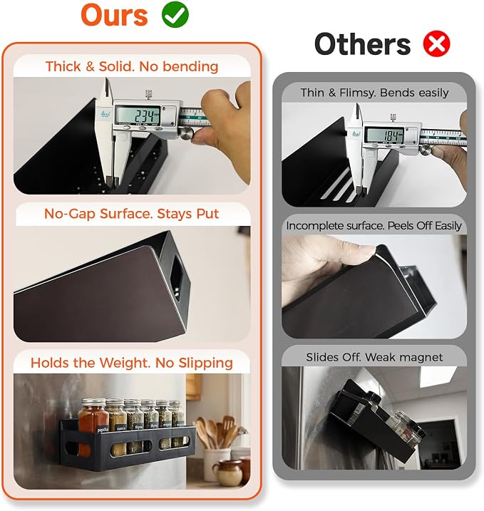 4-Pack Magnetic Spice Rack for Refrigerator with Hooks, Black | Strong multipurpose magnetic shelf for kitchen & bathroom organization. Includes 4 removable hooks for hanging items. - Image 8