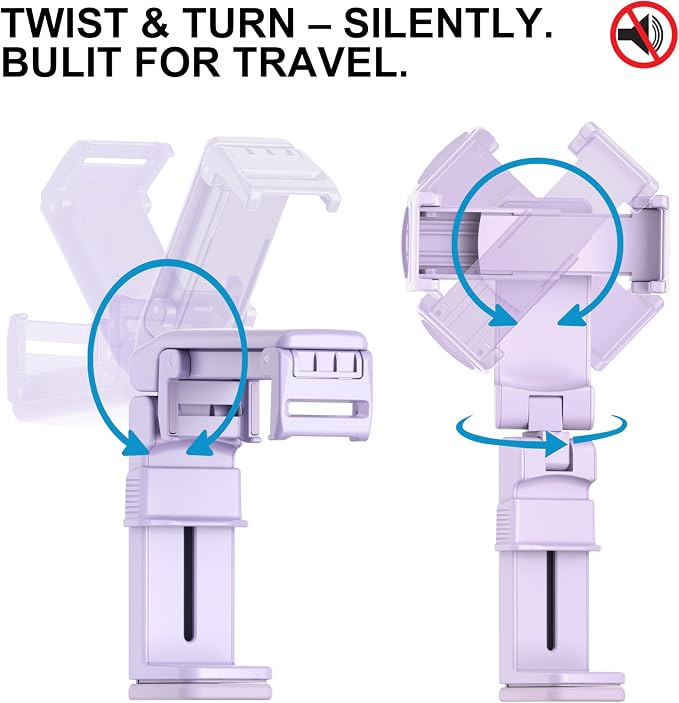 Perilogics Gen 2 Airplane Phone Holder Mount, Travel Phone Stand, Purple | Upgraded Silent Hinge, 360° Adjustable, Compact Size, Wider Clamp Fits iPhone, Android & Gaming Devices - Image 4