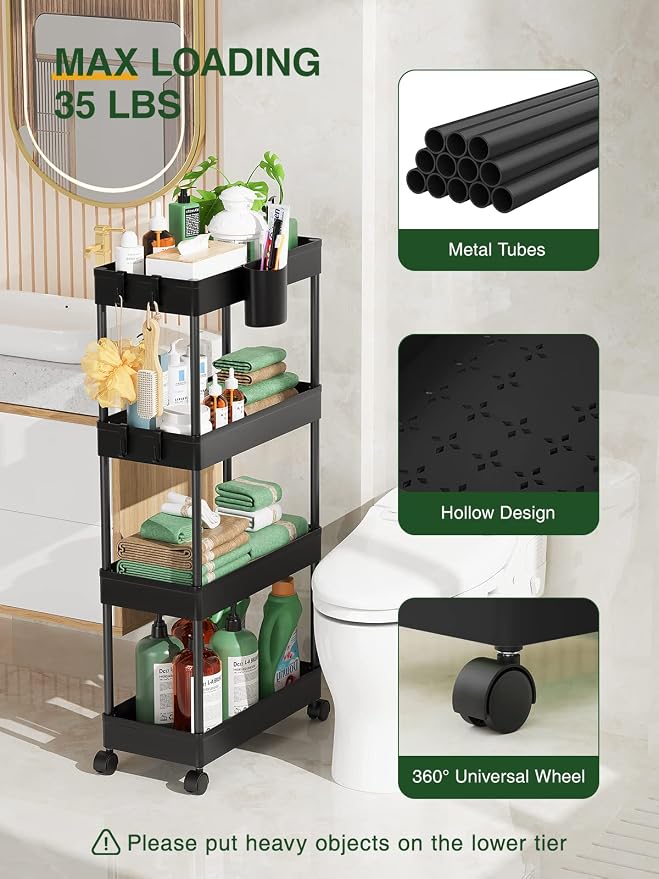 LEHOM Slim Rolling Storage Cart - 4 Tiers Bathroom Organizer Utility Cart | Slide Out Storage Shelves Mobile Shelving Unit for Kitchen, Bedroom, Office, Laundry Room, Small Narrow Spaces (7.1" W+Black) - Image 6