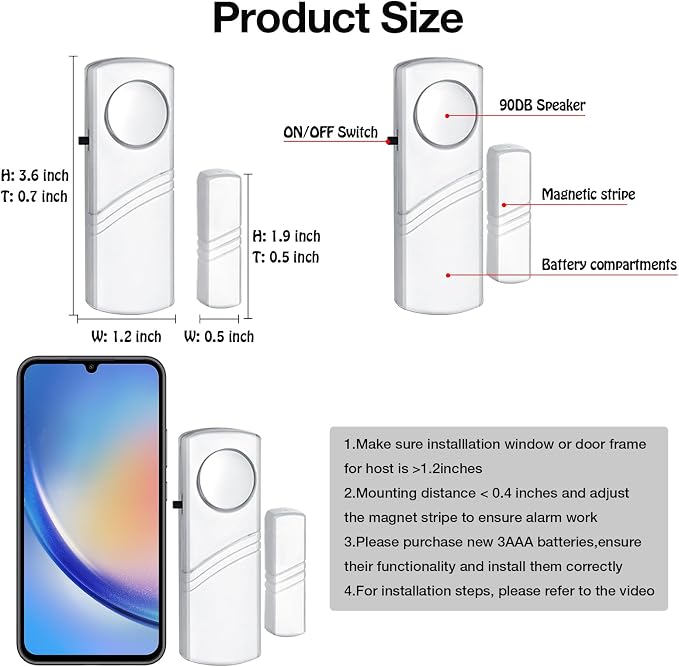 PLOJOP Security Window Door Alarm, Portable 90dB Wireless Sensor for Home & Travel Security, Easy DIY Installation, No Tools Needed (Battery Not Included) - Image 5