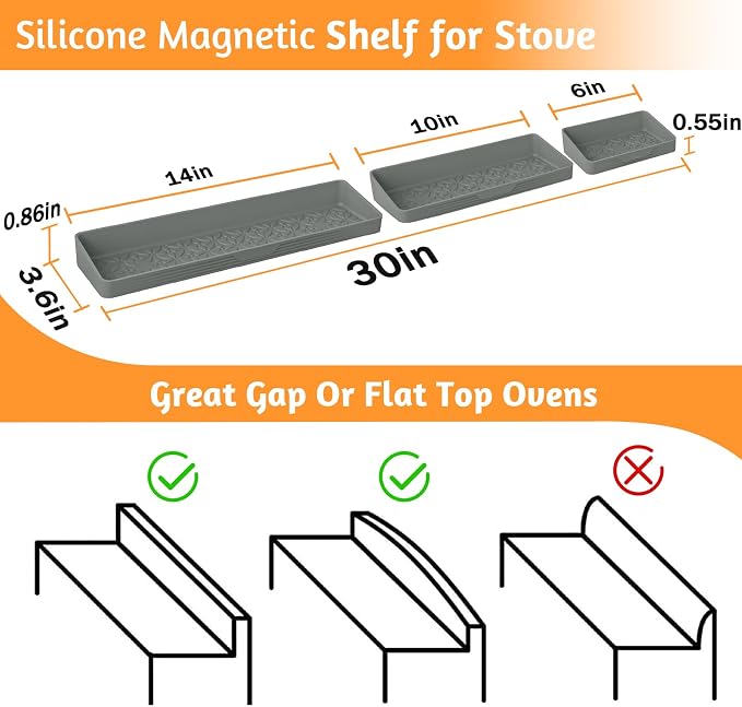 30"/24"/20" Silicone Stove Top Magnetic Shelf for Kitchen, Soft Flexible Strong Magnetic Heat Resistant Over the Stove Silicone Oven Shelf Spice Rack Organizer for Back of Oven - Grey - Image 2