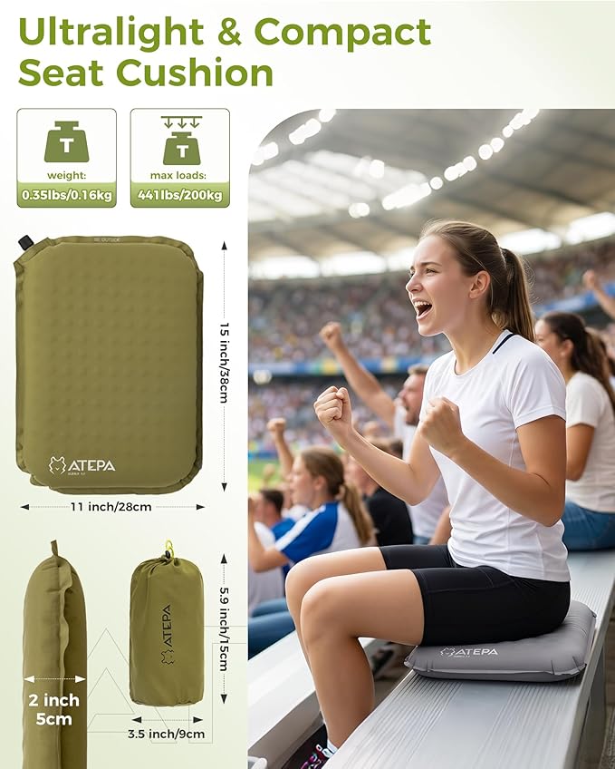 ATEPA Inflatable Seat Cushion | 2" & 2.5" Foam Core Seat Pad, Self Inflating, Compact, Stadium, Airplane, Travel, Camping, Hiking, Sports events - Image 2