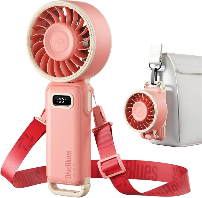Diveblues Portable Turbo Fan, Pink Travel Fan, Wearable Neck Fan | Small High Speed Handheld, 180° Foldable 4-in-1, Personal Neck Fan with Carabiner Clip, 100 Speed Stepless Control by Diveblues