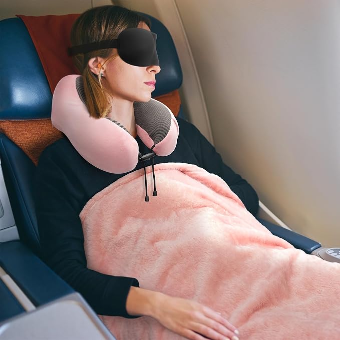 urnexttour Travel Pillow and Blanket Set Neck Pillow Airplane Foam Pink | 43x60 Inch Plane Blanket, Traveling Compact Storage Bag, Eye Mask, and Earplugs for Ultimate Flight Comfort, Women and Men - Image 8