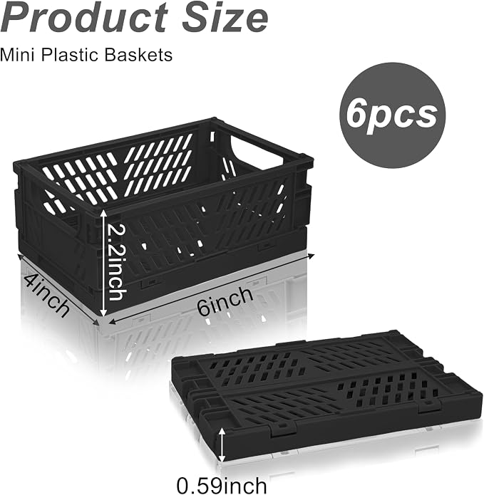 6 Pack Mini Foldable Small Plastic Baskets for Organizing and Storage，Collapsible Storage Crates,Mini Bins for Home Kitchen Bedroom Bathroom Office (Black, Small 6x4x2.2) - Image 2
