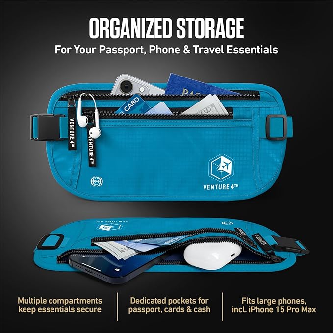VENTURE 4TH Travel Money Belt, RFID Blocking Passport Holder - Blue - Image 5