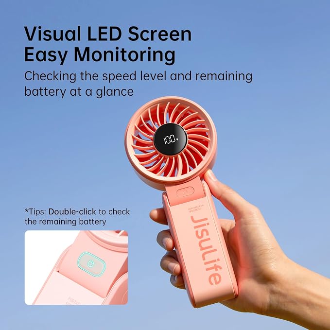 JISULIFE Handheld Fan Life7 – Ultimate Flexibility: Wide & Strong Airflow, 13H Max Cooling, 3600mAh Rechargeable, 5-Speed, LED Display, 3 IN 1 Portable Fan for Travel, Concerts, Sports Events(Pink) - Image 6