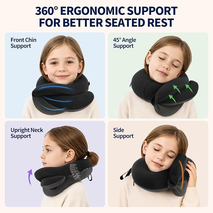 Kids Travel Pillows for Airplane, Memory Foam 360° Head Support Sleeping Essentials for Long Flight, Skin-Friendly Soft Neck Pillow for Traveling in Car Seat, (Small, Black Grey, 40-90 lbs) - Image 2