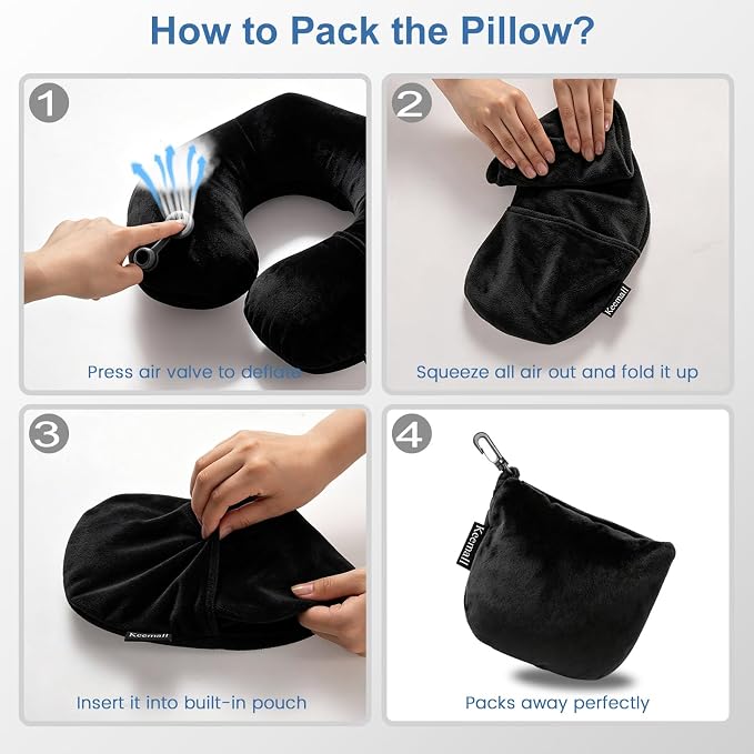 Keemall Inflatable Travel Neck & Shoulder Pillow for Airplanes & Long Trips | Ergonomic Portable Cushion Relieves Neck Pain, Quick Inflation & Deflation,for Long Flights & Business Travel, Premium Black - Image 9