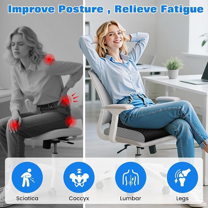 Seat Cushion, Office Chair Cushion, Chair Pad, Large, Black, Large | Memory Foam, Washable Cover, Non-slip Bottom, Portable Handle, for Office, Home and Car - Image 6