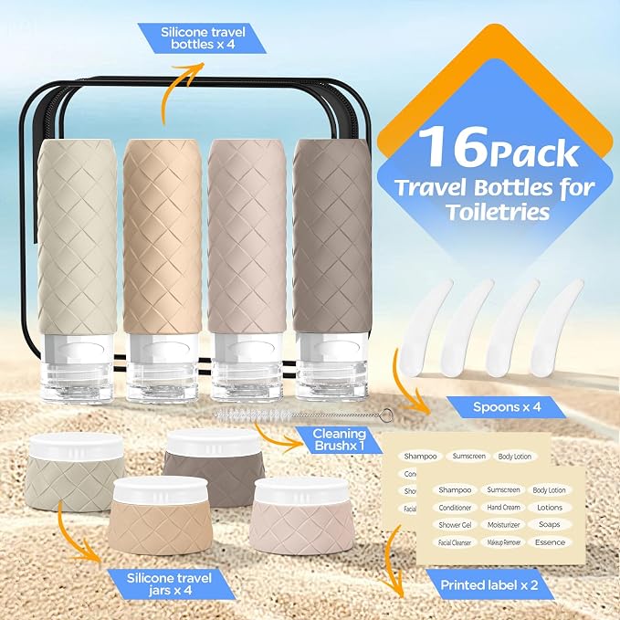 16 Pack Travel Bottles for Toiletries, TSA Approved Travel Size Toiletries Containers Set, BPA-Free Silicone Leak Proof Refillable Bottles Stackable Creams Jars Accessories Kit W/Clear Bag(Cream) - Image 3