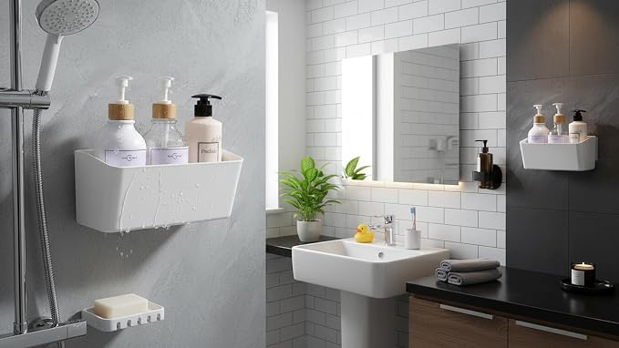 Bath Shelve, Adhesive Shelf Shower Caddy Bathroom Organizer, No Drill Wall Mounted Shower Caddy Basket Plastic，White Storage Rack for Bathroom/Kitchen - Image 2