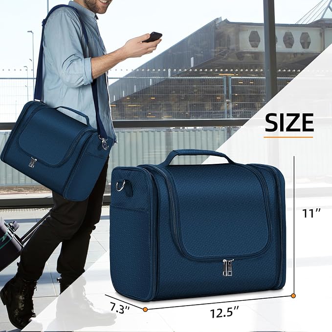 Buruis Extra Large Hanging Toiletry Bag for Women and Men, Blue | Honeycomb Nylon, Detachable Shoulder Strap, Dual Zippers, Metal Hanging Hook, Full-Size Toiletry Storage, Travel Essentials - Image 8