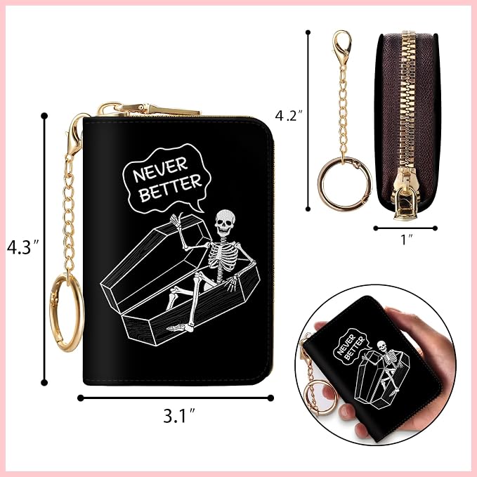 Blusabaca RFID Credit Card Holder Small Women Travel Wallet, Funny Skull | Removable Keychain, Case with Zipper, Vegan PU Leather, Cash Coin Pocket, Business Accordion Purse, Ladies Female Gift - Image 6