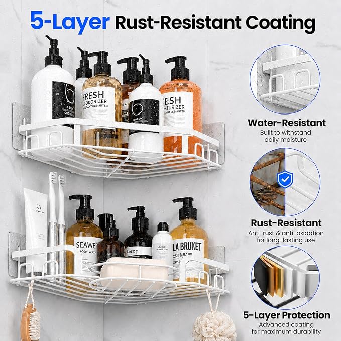 Corner Shower Caddy, Rustproof Shower Organizer with Soap Holder and 8 Hooks, No Drilling Adhesive Shower Shelves for Inside Shower, Large Capacity Shower Rack for Bathroom Shower Storage, White - Image 6
