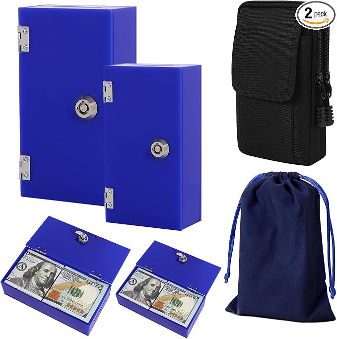 Acrylic Cash Box for Gambler 2 Pack Large and Small, Winners Bank with Keys, Slot, Storage Bag, Waist Bag, Portable Casino Money Organizer Safe Lock Box for Gamblers, Navy Blue by ClarityCraze