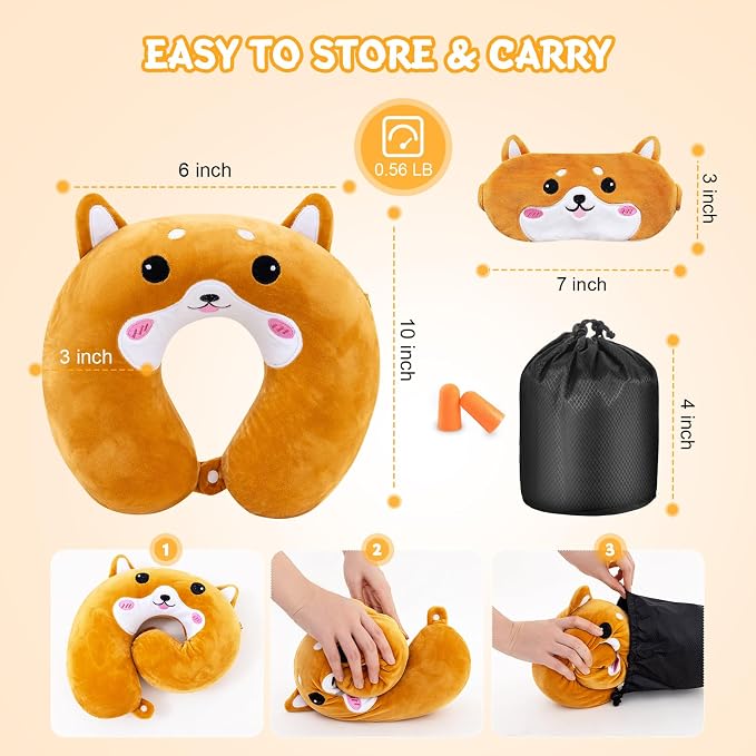 Cirorld Travel Pillow for Kids Adult Cute Neck Pillow for Traveling Memory Foam Airplane Pillow Sleep Mask Animal Flight Pillow Head Rest Neck Support for Cars Long Flights (Dog, 3-8 Y/O) - Image 8