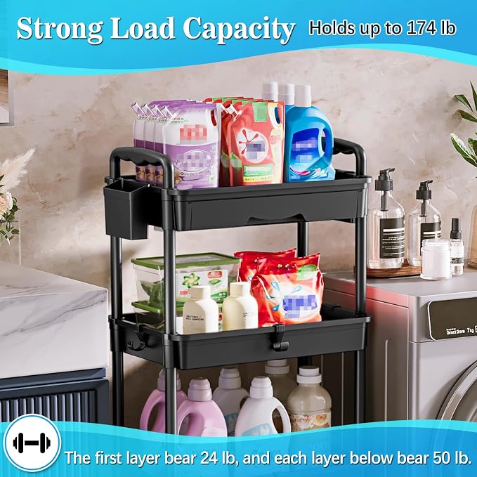 SUNALLY 4 Tier Rolling Cart with Drawer, Craft Storage Cart Organizer,Black | Bathroom Storage Organizer with 2 Lockable Wheels, Rolling Utility Cart for Kitchen, Office, Baby, Makeup, Nail,Snack,Laundry - Image 5