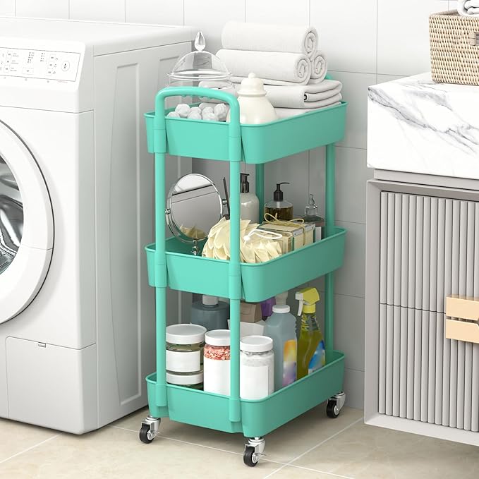 Sywhitta 3-Tier Plastic Rolling Utility Cart with Wheels for Storage, Green | Multi-Functional Storage Trolley, for Office, Living Room, Kitchen, Bathroom,Movable Organizer,Space-Saving,Easy to assemble - Image 4